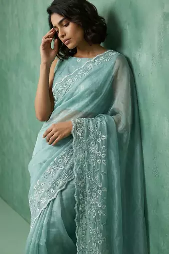 pastel multicolor floral embroidered pure chanda art silk wedding wear saree with unstitched blouse