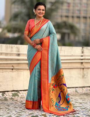 multicolor zari woven paithani art silk traditional wear saree with unstitched blouse 1
