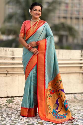 multicolor zari woven paithani art silk traditional wear saree with unstitched blouse