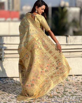 multicolor leheriya meenakari zari woven kora art silk festive wear saree with unstitched blouse 5