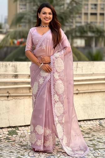 multicolor lotus embroidered pure oris art silk festive wear saree with unstitched blouse