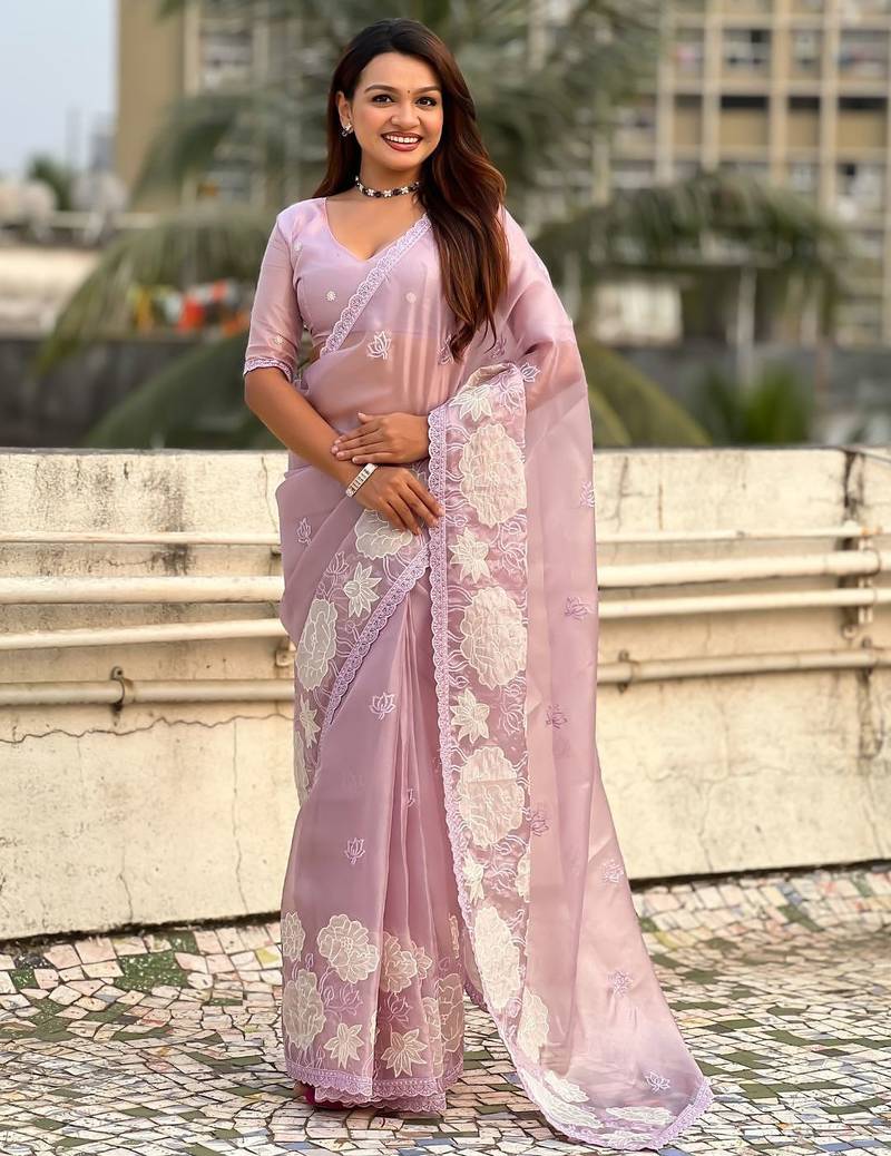 multicolor lotus embroidered pure oris art silk festive wear saree with unstitched blouse