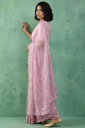 pastel multicolor floral embroidered pure chanda art silk wedding wear saree with unstitched blouse