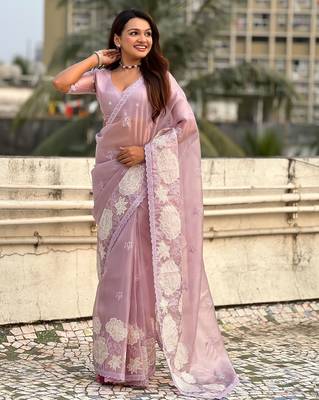 multicolor lotus embroidered pure oris art silk festive wear saree with unstitched blouse 3