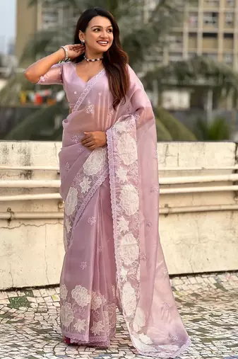 multicolor lotus embroidered pure oris art silk festive wear saree with unstitched blouse