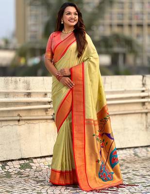 multicolor zari woven paithani art silk traditional wear saree with unstitched blouse 3