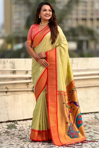 multicolor zari woven paithani art silk traditional wear saree with unstitched blouse