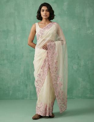 pastel multicolor floral embroidered pure chanda art silk wedding wear saree with unstitched blouse 2