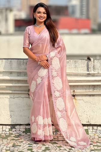 multicolor lotus embroidered pure oris art silk festive wear saree with unstitched blouse