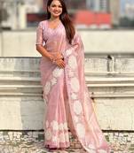 multicolor lotus embroidered pure oris art silk festive wear saree with unstitched blouse