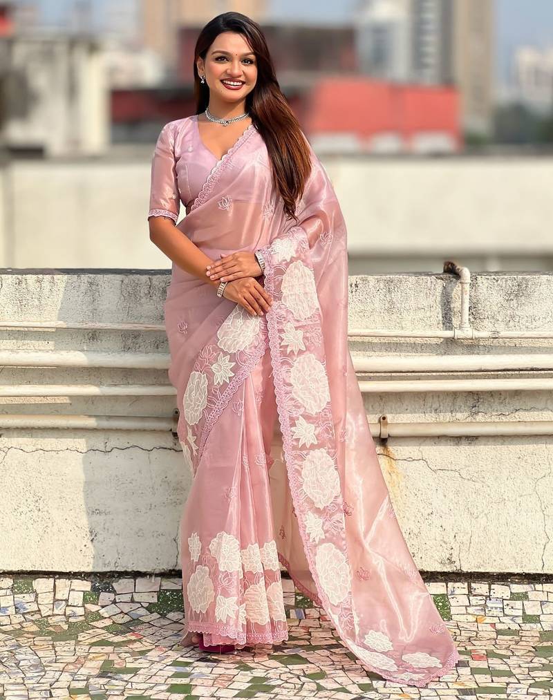 multicolor lotus embroidered pure oris art silk festive wear saree with unstitched blouse