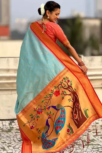 multicolor zari woven paithani art silk traditional wear saree with unstitched blouse