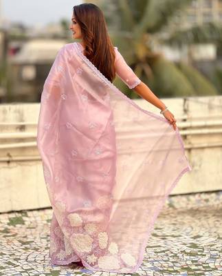 multicolor lotus embroidered pure oris art silk festive wear saree with unstitched blouse 5