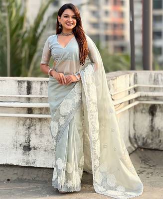 multicolor lotus embroidered pure oris art silk festive wear saree with unstitched blouse 1
