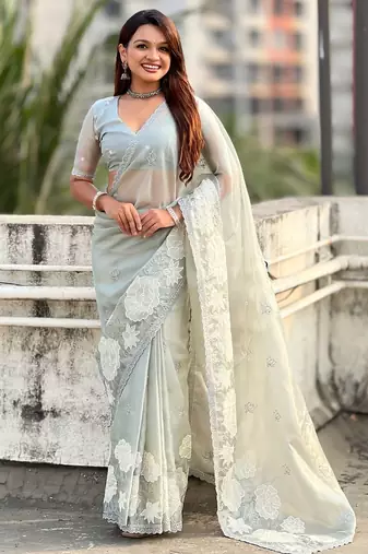 multicolor lotus embroidered pure oris art silk festive wear saree with unstitched blouse