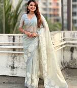 multicolor lotus embroidered pure oris art silk festive wear saree with unstitched blouse