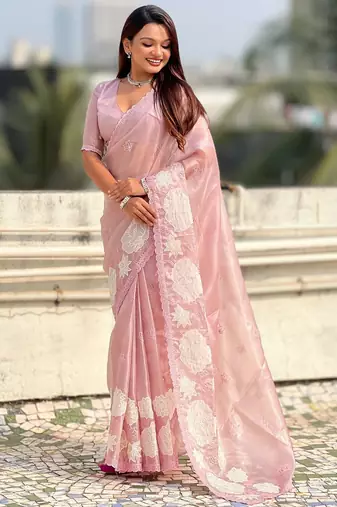 multicolor lotus embroidered pure oris art silk festive wear saree with unstitched blouse