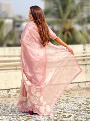 multicolor lotus embroidered pure oris art silk festive wear saree with unstitched blouse 4