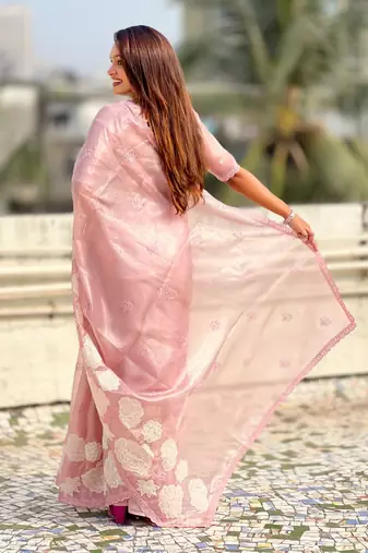 multicolor lotus embroidered pure oris art silk festive wear saree with unstitched blouse
