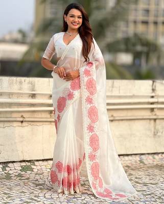 multicolor lotus embroidered pure oris art silk festive wear saree with unstitched blouse 1