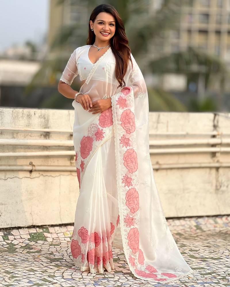 multicolor lotus embroidered pure oris art silk festive wear saree with unstitched blouse