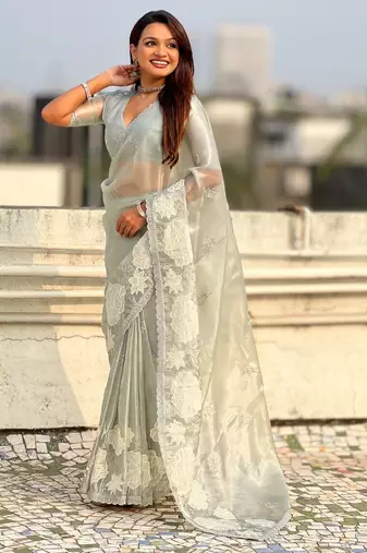 multicolor lotus embroidered pure oris art silk festive wear saree with unstitched blouse