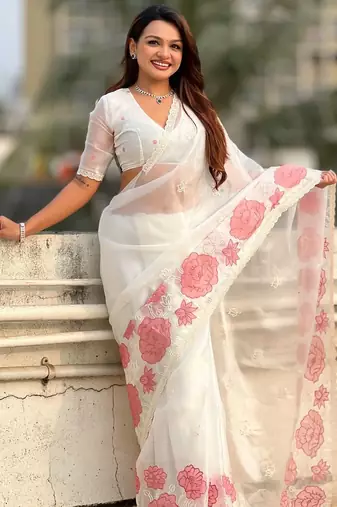 multicolor lotus embroidered pure oris art silk festive wear saree with unstitched blouse