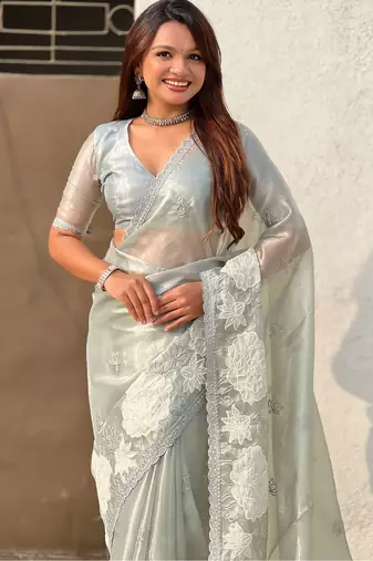 multicolor lotus embroidered pure oris art silk festive wear saree with unstitched blouse