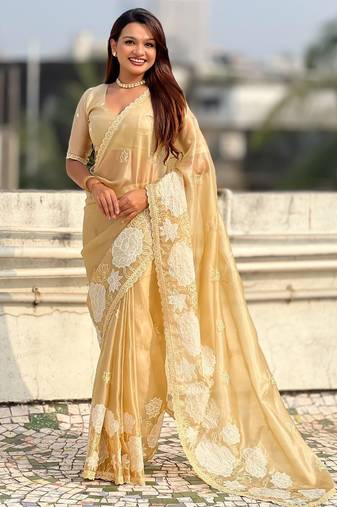 multicolor lotus embroidered pure oris art silk festive wear saree with unstitched blouse