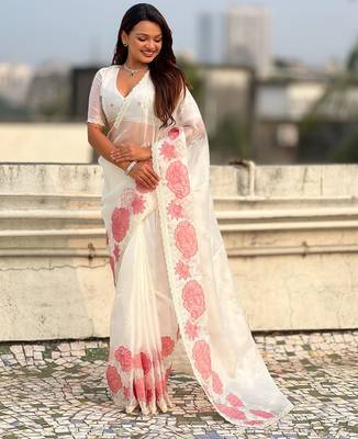multicolor lotus embroidered pure oris art silk festive wear saree with unstitched blouse 3