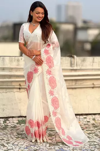 multicolor lotus embroidered pure oris art silk festive wear saree with unstitched blouse
