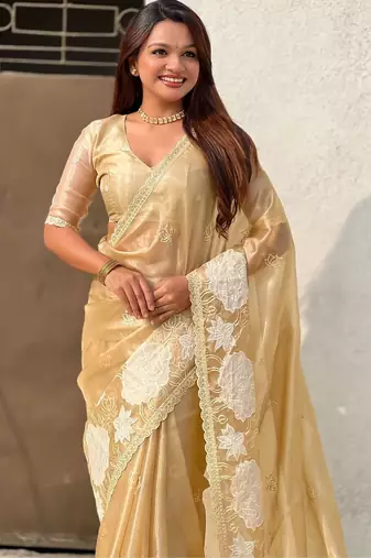 multicolor lotus embroidered pure oris art silk festive wear saree with unstitched blouse