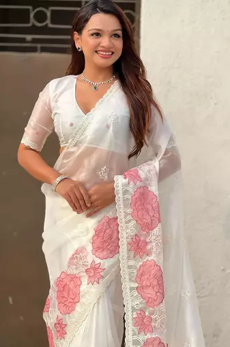 multicolor lotus embroidered pure oris art silk festive wear saree with unstitched blouse