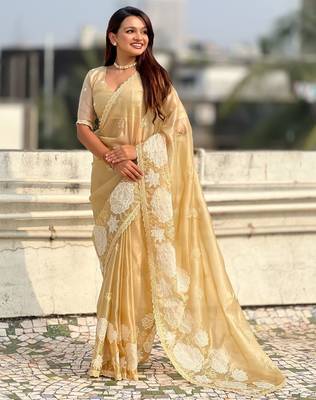 multicolor lotus embroidered pure oris art silk festive wear saree with unstitched blouse 3