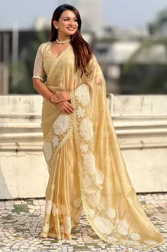multicolor lotus embroidered pure oris art silk festive wear saree with unstitched blouse