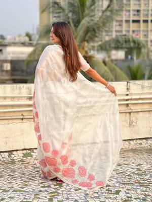 multicolor lotus embroidered pure oris art silk festive wear saree with unstitched blouse 5