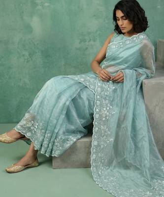 pastel multicolor floral embroidered pure chanda art silk wedding wear saree with unstitched blouse 5