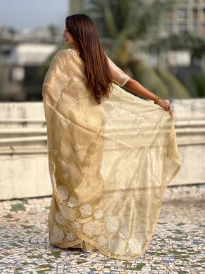 multicolor lotus embroidered pure oris art silk festive wear saree with unstitched blouse 4