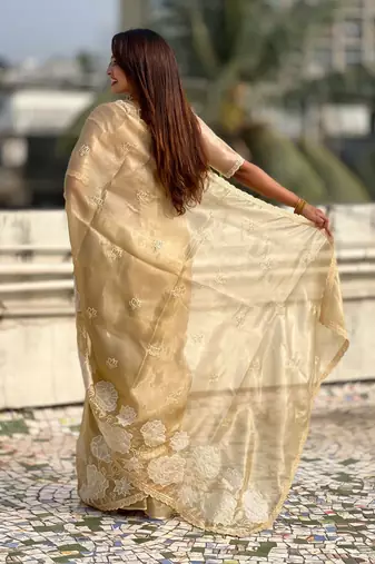 multicolor lotus embroidered pure oris art silk festive wear saree with unstitched blouse
