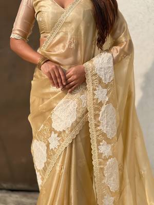 multicolor lotus embroidered pure oris art silk festive wear saree with unstitched blouse 5
