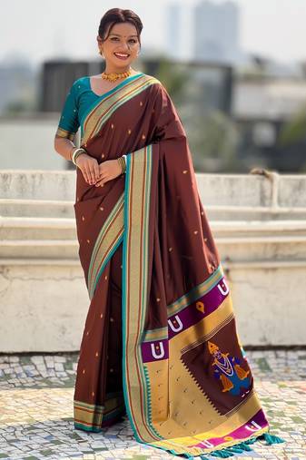 multicolor tilak zari woven soft art silk traditional paithani saree with unstitched blouse