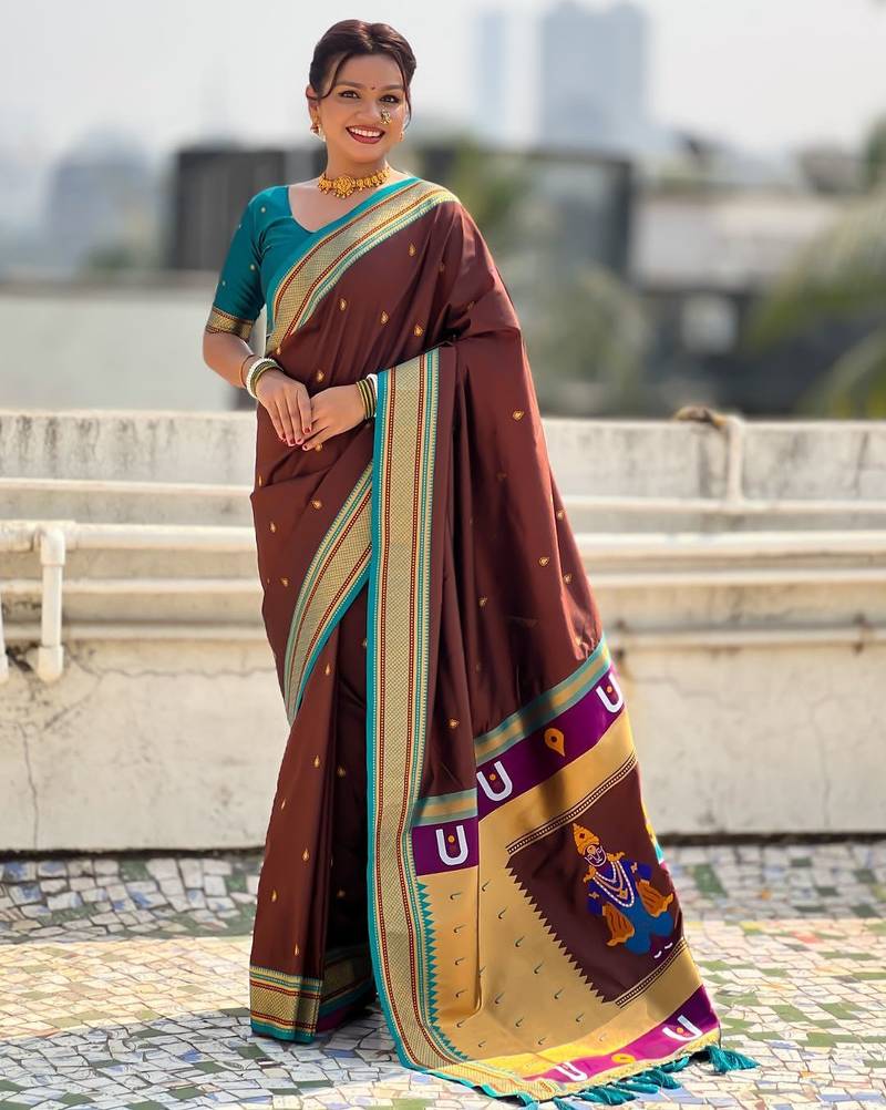 multicolor tilak zari woven soft art silk traditional paithani saree with unstitched blouse