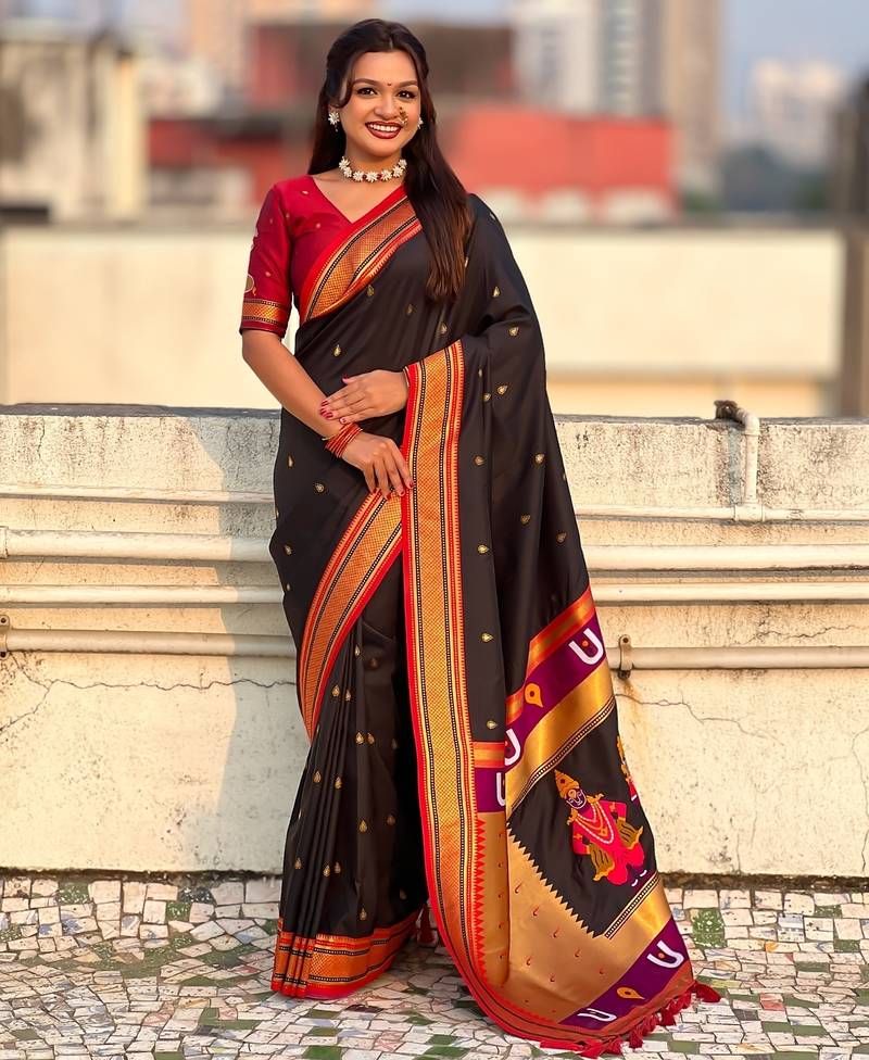 multicolor tilak zari woven soft art silk traditional paithani saree with unstitched blouse