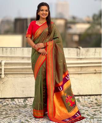 multicolor tilak zari woven soft art silk traditional paithani saree with unstitched blouse 1