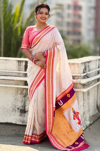 multicolor tilak zari woven soft art silk traditional paithani saree with unstitched blouse