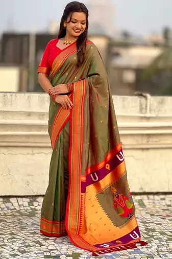 multicolor tilak zari woven soft art silk traditional paithani saree with unstitched blouse