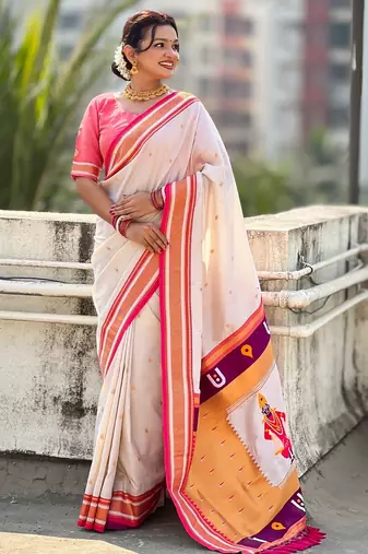 multicolor tilak zari woven soft art silk traditional paithani saree with unstitched blouse