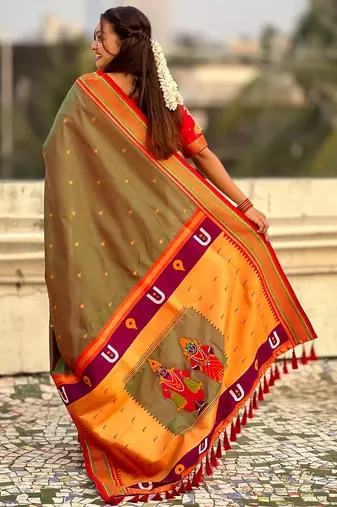 multicolor tilak zari woven soft art silk traditional paithani saree with unstitched blouse