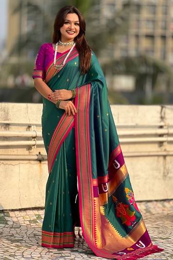 multicolor tilak zari woven soft art silk traditional paithani saree with unstitched blouse