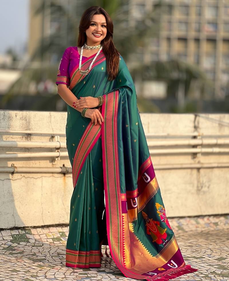 multicolor tilak zari woven soft art silk traditional paithani saree with unstitched blouse